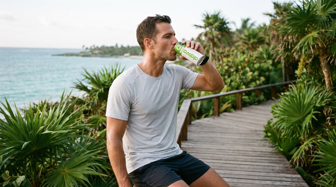 Hidratación real después de entrenar — deportista tomando Alawa Limonada de Panela junto al mar